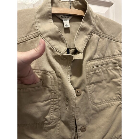 L.L. Bean Utility Jacket Coat Khaki Tan Women’s Sz Large Pima Cotton Button Up - Picture 3 of 10